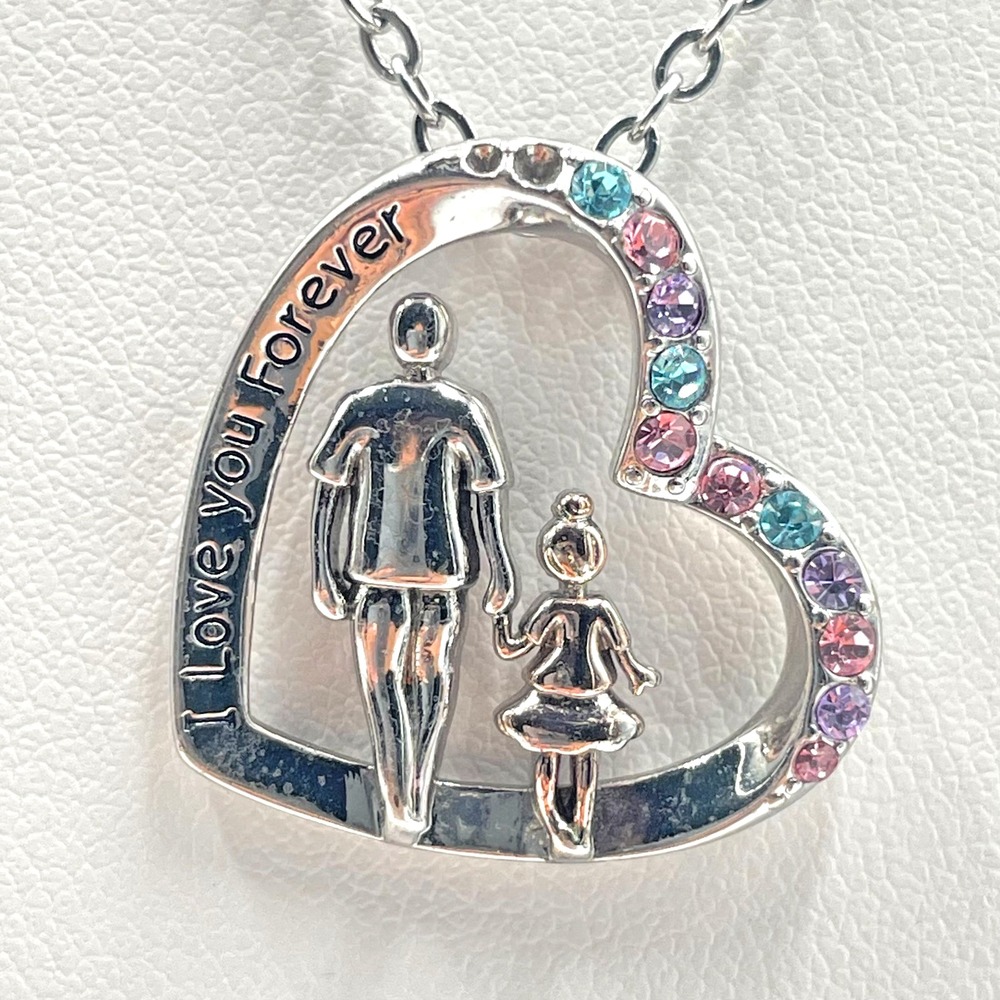 VTG Modern Silver Tone Father Daughter Heart Pendant Necklace I Love You Forever